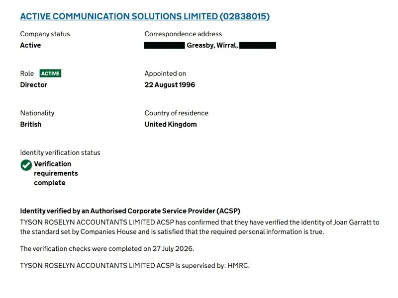 Companies House record showing Joan Garratt of Active Communication Solutions Limited verified by Tyson Roselyn