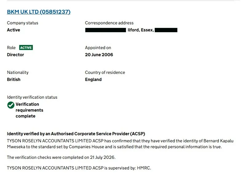 Companies House record showing Bernard Kapalu Mweseka of BKM UK Ltd verified by Tyson Roselyn
