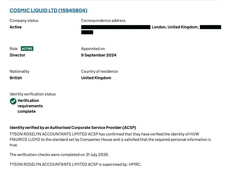Companies House record showing Huw Maurice Lloyd of Cosmic Liquid Ltd verified by Tyson Roselyn