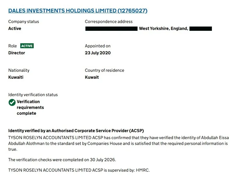 Companies House record showing Abdullah Eissa Abdullah Alothman of Dales Investments Holdings Limited verified by Tyson Roselyn