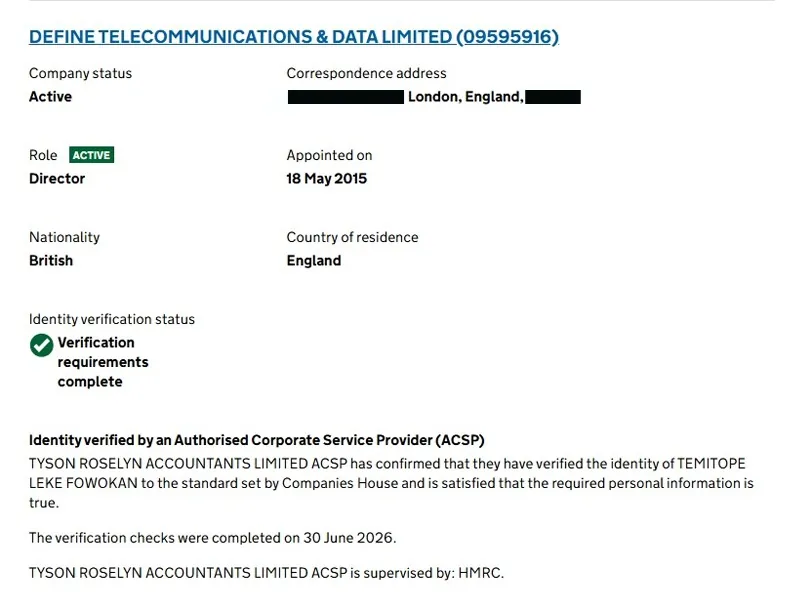 Companies House record showing Temitope Leke Fowokan of Define Telecommunications & Data Limited verified by Tyson Roselyn