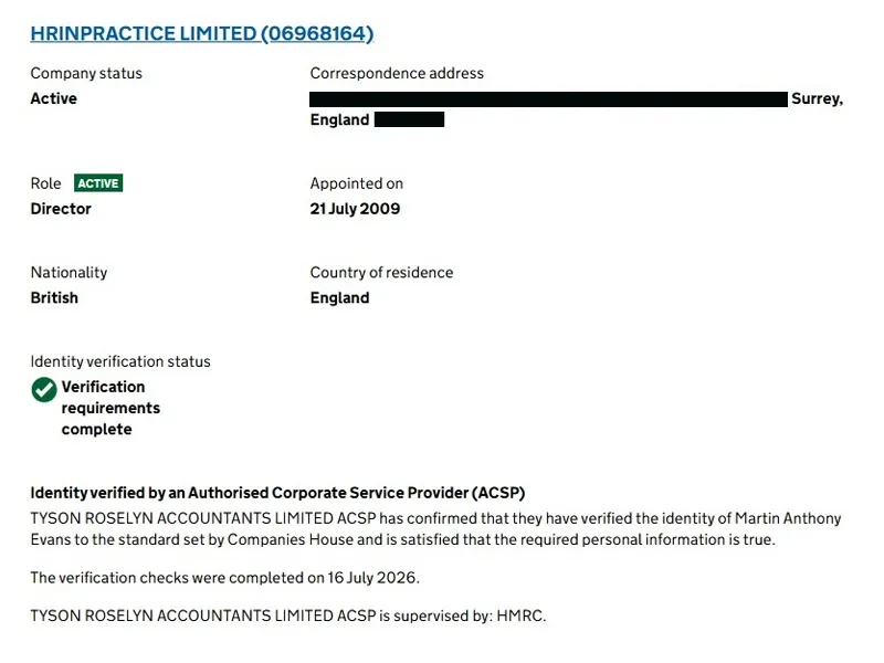 Companies House record showing Martin Anthony Evans of HRinpractice Limited verified by Tyson Roselyn