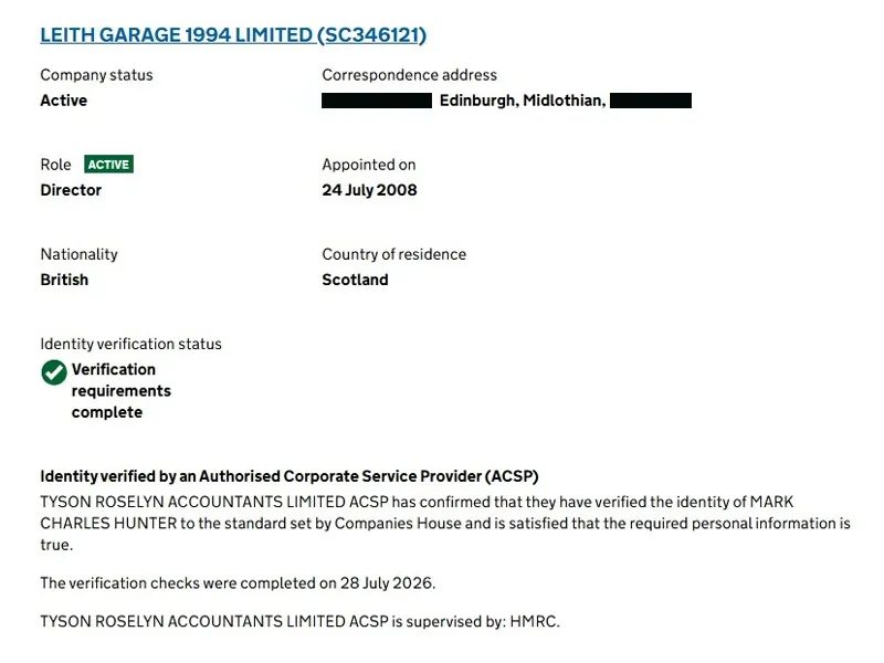 Companies House record showing Mark Charles Hunter of Leith Garage 1994 Limited verified by Tyson Roselyn