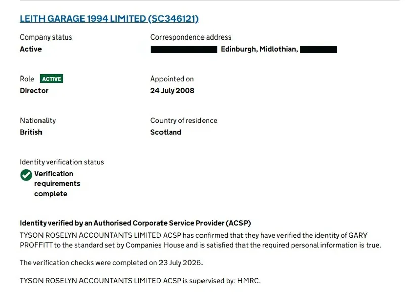Companies House record showing Gary Proffitt of Leith Garage 1994 Limited verified by Tyson Roselyn