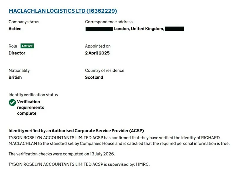 Companies House record showing Richard Maclachlan of Maclachlan Logistics Ltd verified by Tyson Roselyn