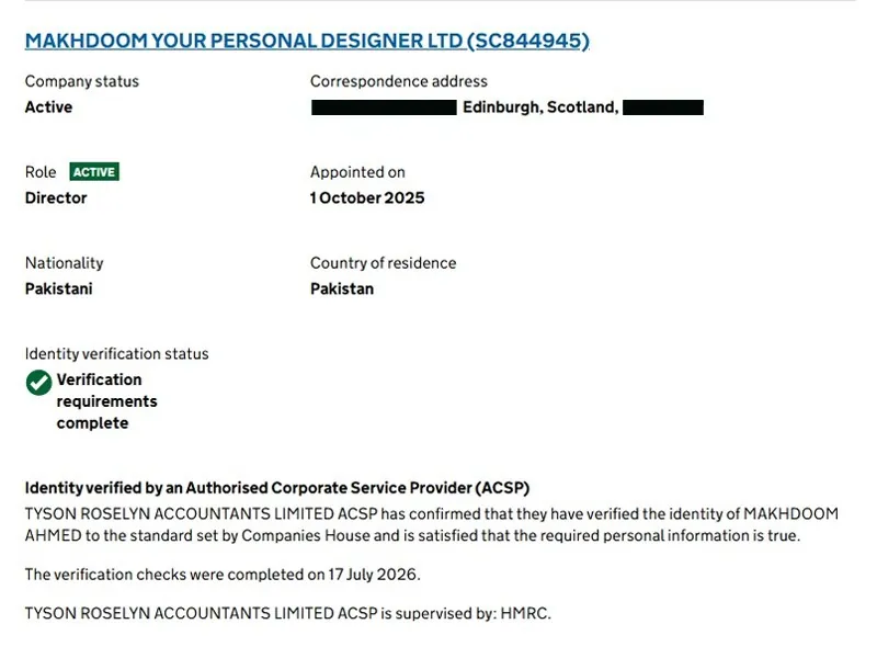Companies House record showing Makhdoom Ahmed of Makhdoom Your Personal Designer Ltd verified by Tyson Roselyn