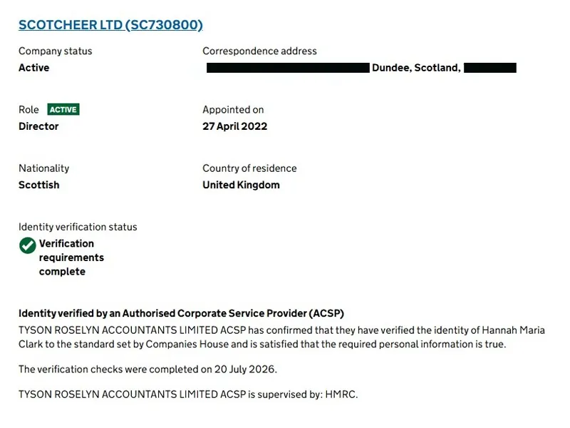 Companies House record showing Hannah Maria Clark of Scotcheer Ltd verified by Tyson Roselyn