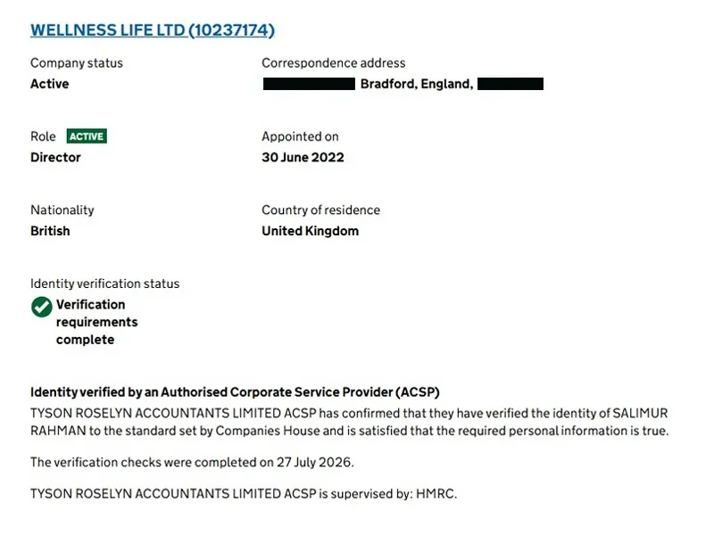 Companies House record showing Salimur Rahman of Wellness Life Ltd verified by Tyson Roselyn